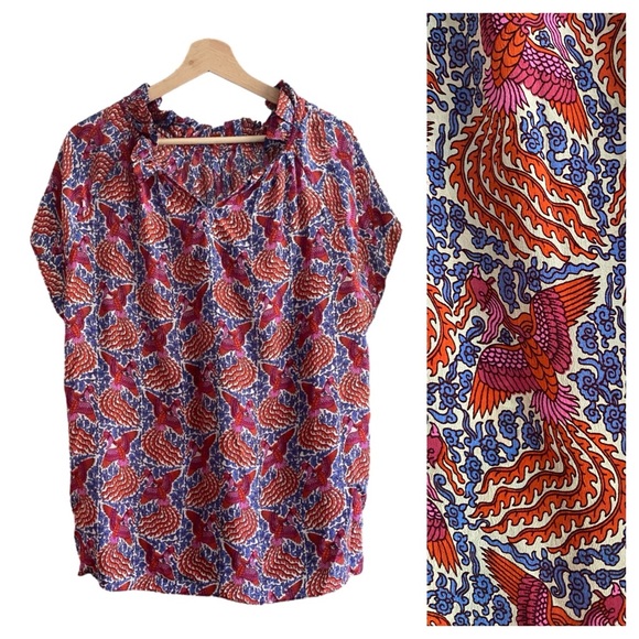 Rungolee Tops - Rungolee Silk Pink Blue Orange Bird Print Ruffle Neck Top